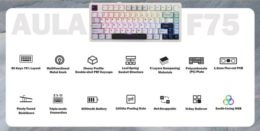 Бездротова клавіатура AULA F75 RGB Reaper 75% USB/Bluetooth/2.4GHz Green 6948391202846 фото