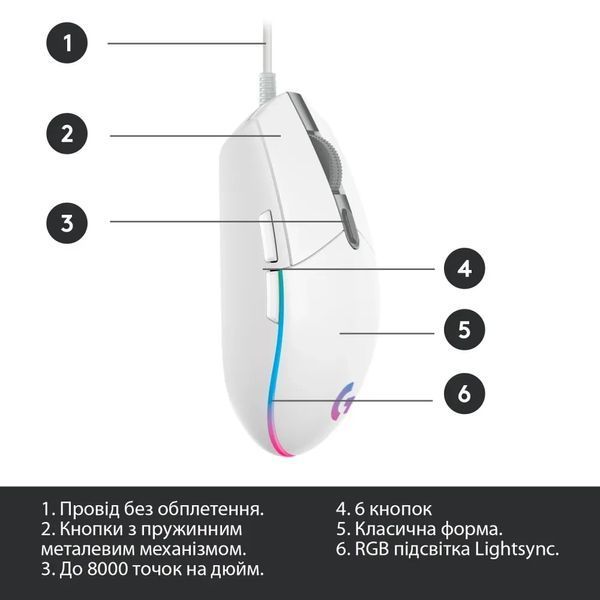 Миша Logitech G102 Lightsync USB RGB White lg102ggb фото